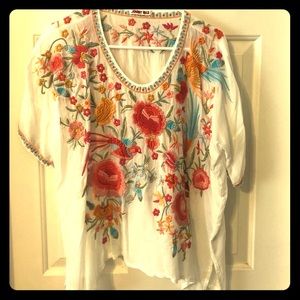 Johnny Was silk blouse with embroidered flowers